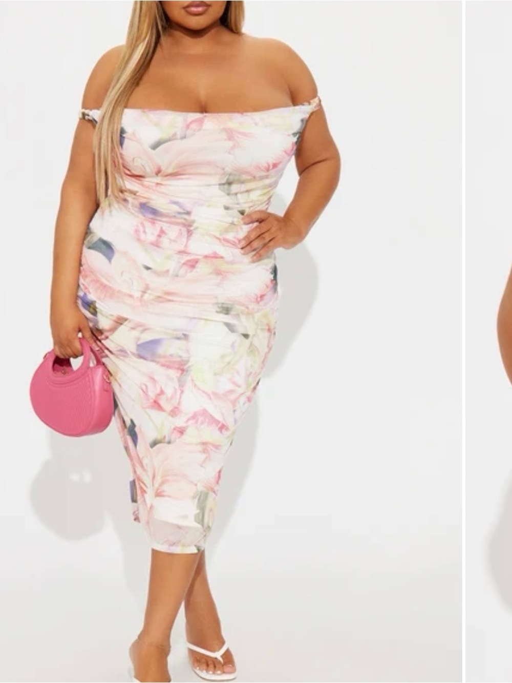 Fashion Nova Off-Shoulder Pink Floral Ruched Midi Dress
